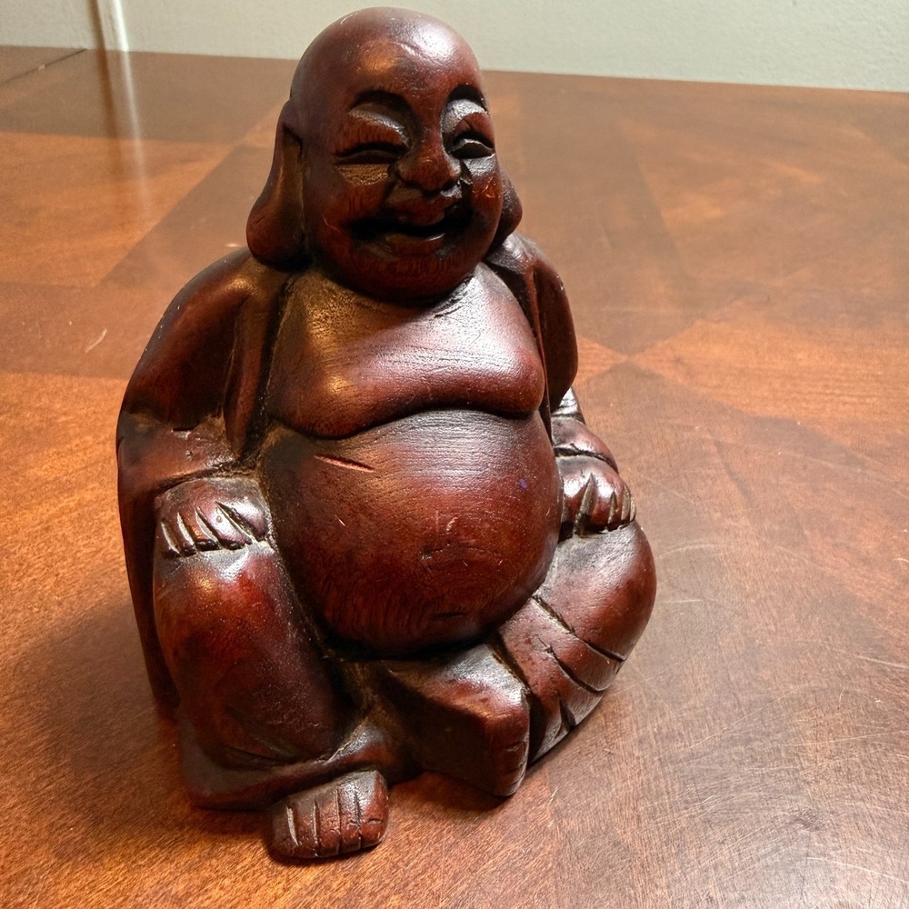 Vintage Carved Wood Laughing Buddha Statue 5" Hotei Happy Taiwan Feng Shui Gift